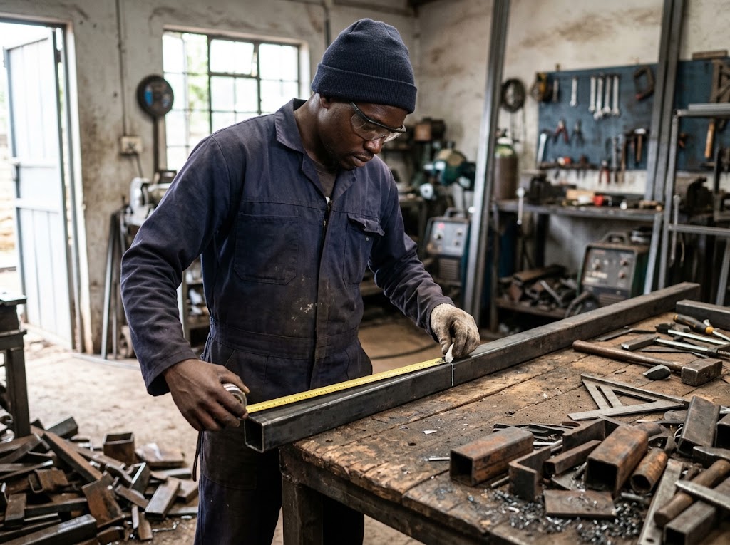 Fabricator measuring steel in the workshop